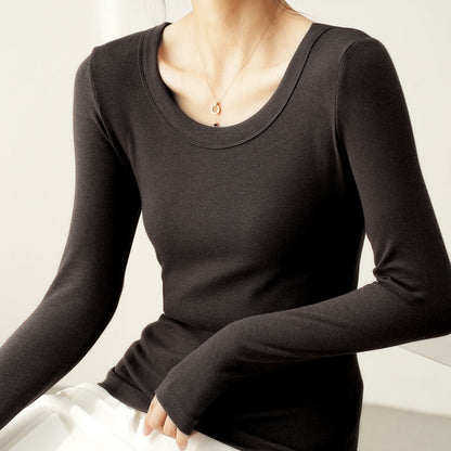 Long Sleeve Top in Ribbed Cotton with Scoop Neck - black front view