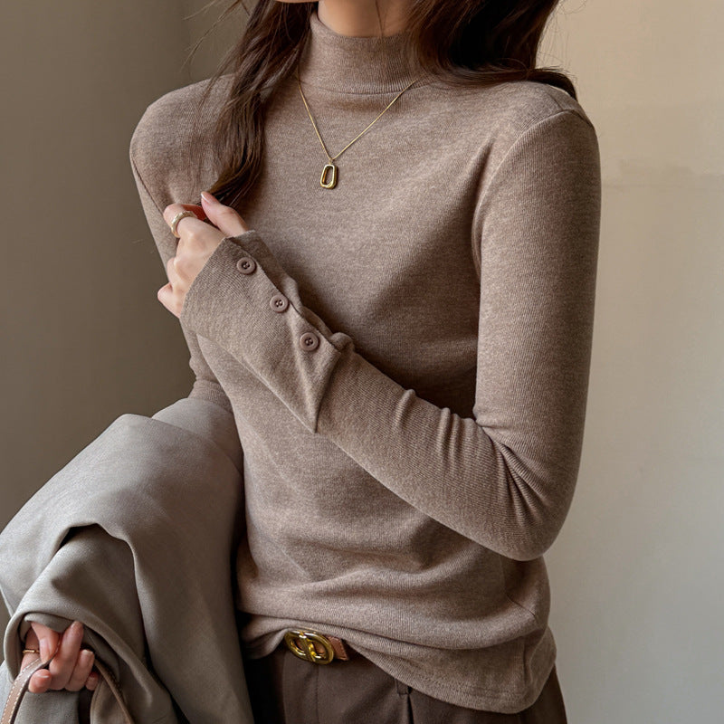 Base Layer Top with Mock Neck and Button Cuffs - khaki front styling