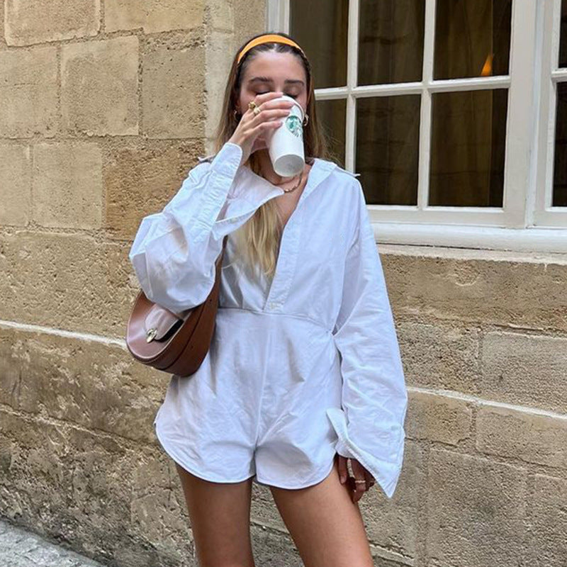 Shirt Playsuit in Powder Blue with Cinched Waist - powder blue styled front view