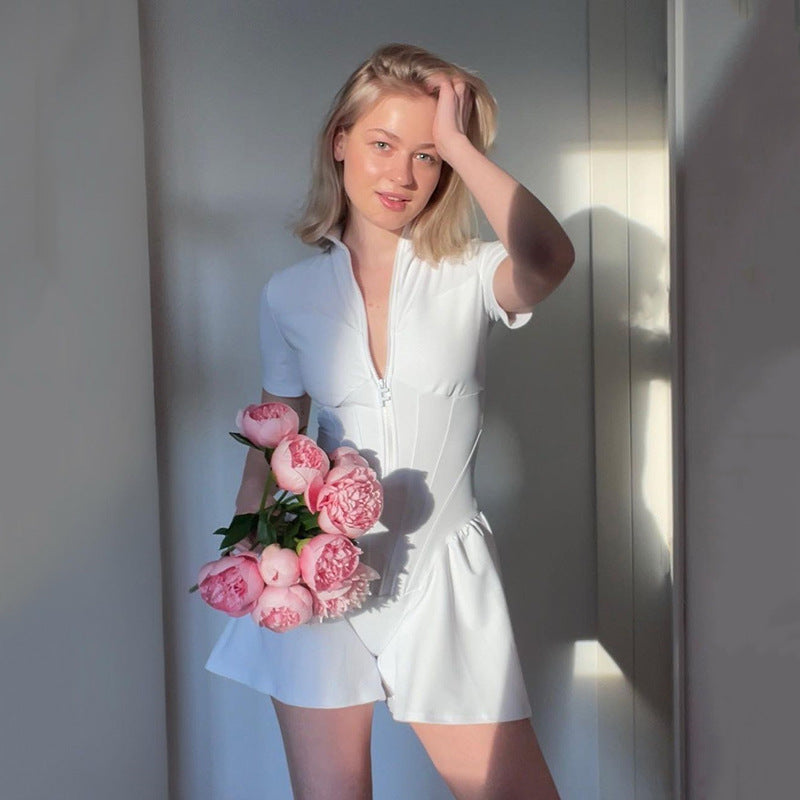 Playsuit with Zip Front and Flared Shorts - white front lifestyle