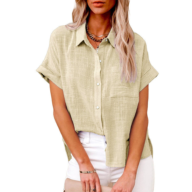 Short-Sleeve Textured Shirt with Pocket - Apricot front view