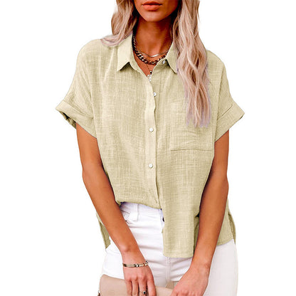 Short-Sleeve Textured Shirt with Pocket - Apricot front view