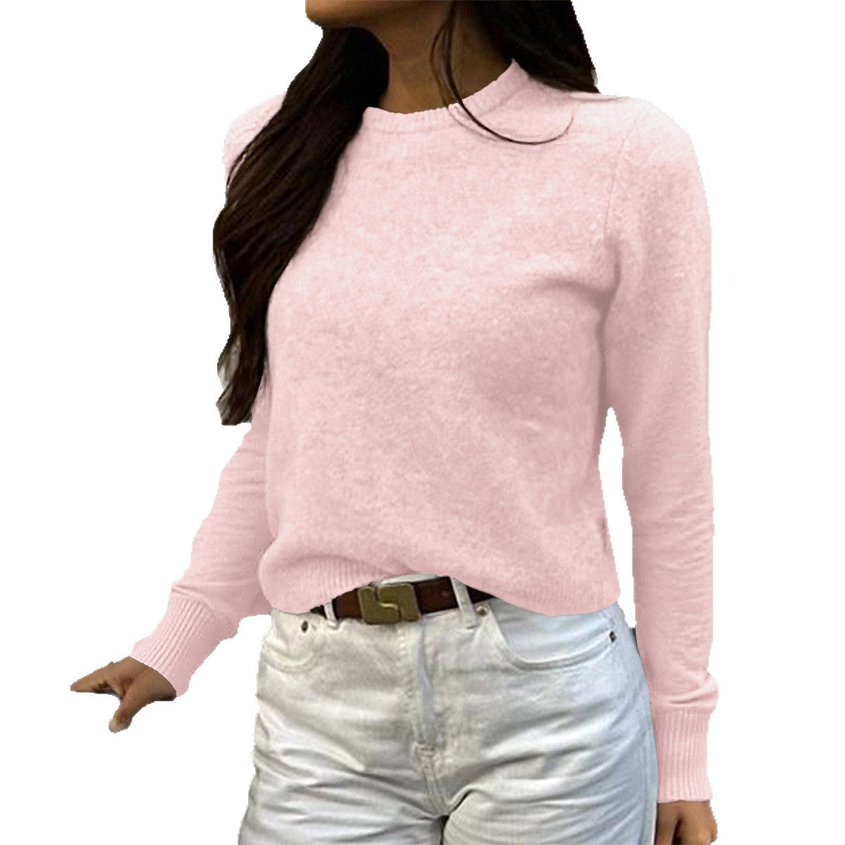 Jumper in Soft-Touch Fine Knit with Crew Neck - pink studio front view