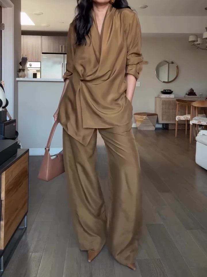 Satin Wrap Blouse & Wide-Leg Trousers Co-Ord in Camel - camel relaxed full-length view showing fluid trouser drape
