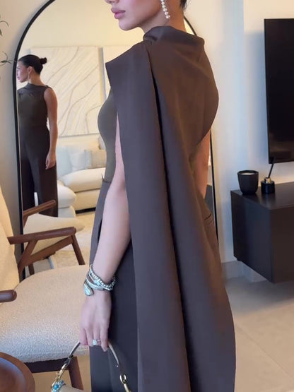 Brown Scarf-Drape Top & High-Waist Wide-Leg Trousers Co-ord – side view with drape panel flowing