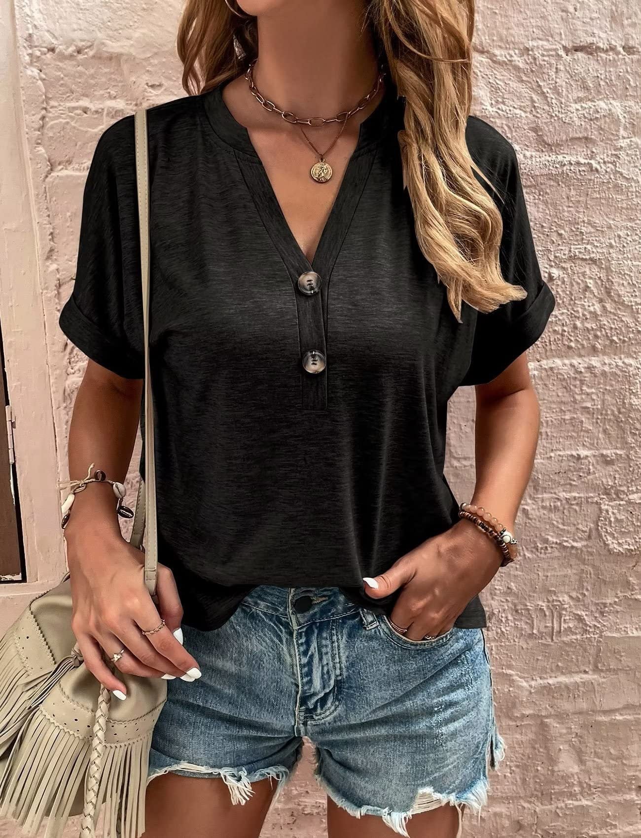 T-Shirt with V-Neck and Button Detail - black front view
