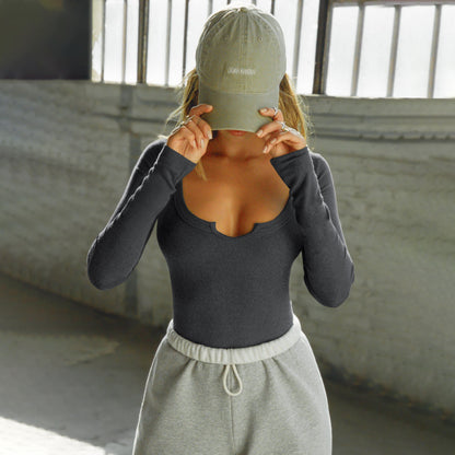 Long-Sleeve Top with Heart Notch Neckline - dark grey front view with cap