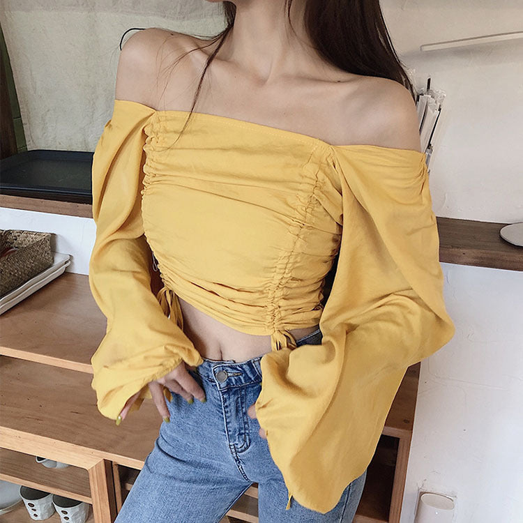 Top with Ruched Bardot Neckline and Lantern Sleeves - yellow front view