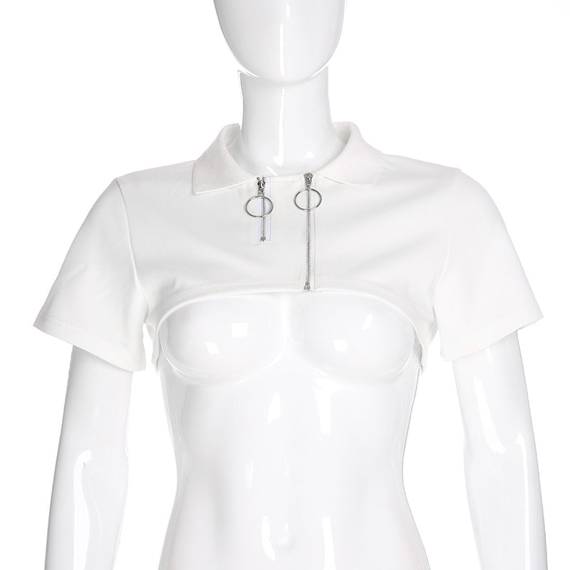 Cropped Polo Top with Double Ring Zip in White - white front view on mannequin