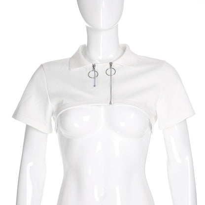 Cropped Polo Top with Double Ring Zip in White - white front view on mannequin