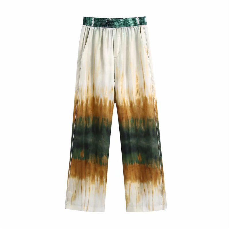 Tie-Dye Wide-Leg High-Waist Trousers - front flat lay, cream amber and forest green tie-dye