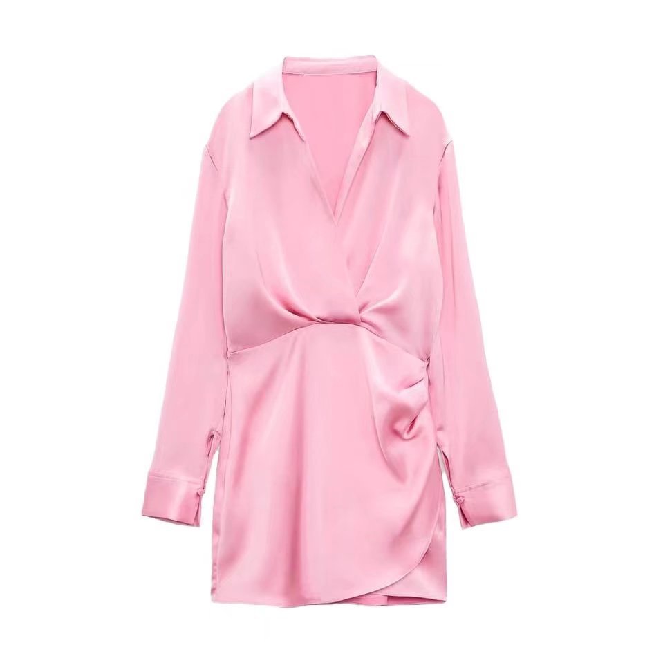 Mini Shirt Dress with Satin-Feel Drape Waist - pink front view
