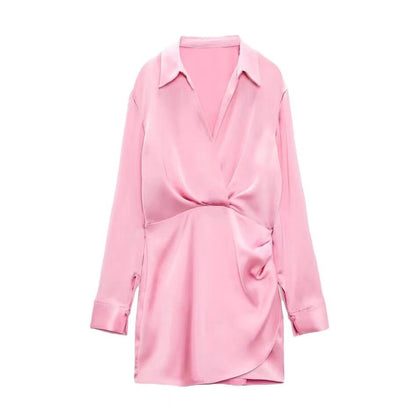 Mini Shirt Dress with Satin-Feel Drape Waist - pink front view