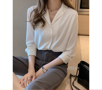 Blouse with Revere Collar, Relaxed Fit and Long Sleeves - white tucked front view