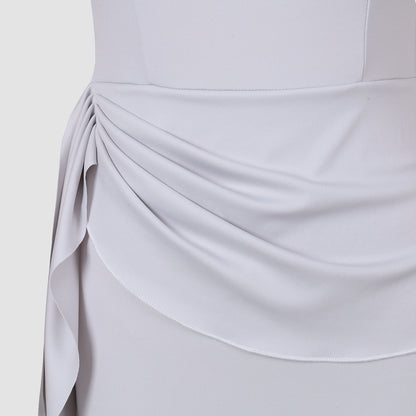 Maxi Dress in Soft Grey with One-Shoulder Drape - ruched side detail