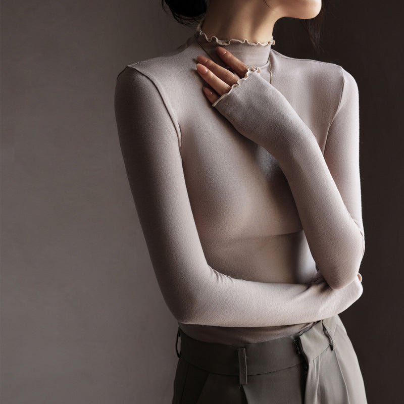 Top in Stretch Mock Neck with Ruffle Trim - khaki close-up with cuff detail