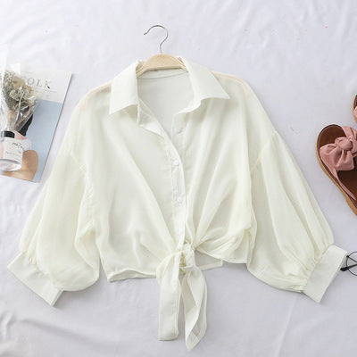 Cover-Up Shirt in Sheer Chiffon with Tie Front - khaki front view