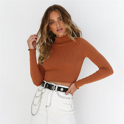 Top in Coffee with Ribbed High Neck and Scalloped Trim - coffee full-length front view