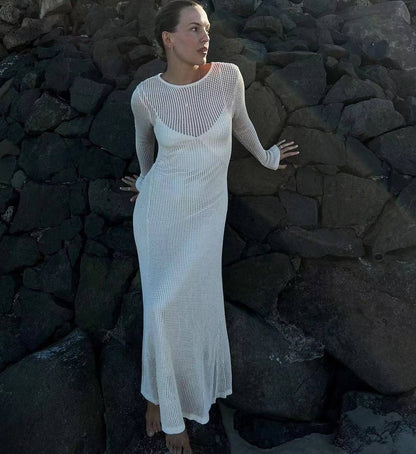 Maxi Dress in Sheer Open-Knit Cotton - Apricot front view on rocks
