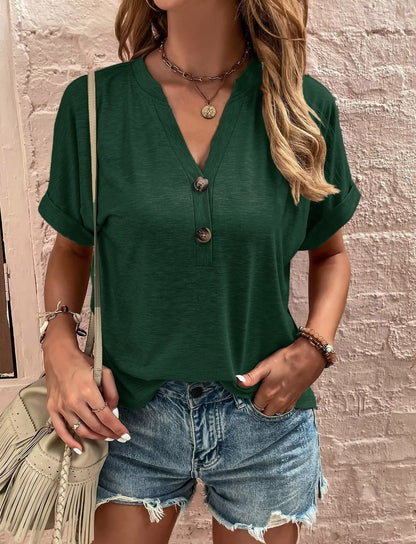T-Shirt with V-Neck and Button Detail - green front view