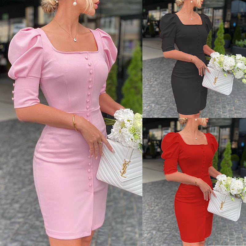 Bodycon Knee-Length Dress with Square Neck and Puff Sleeves - pink, red and black colour overview
