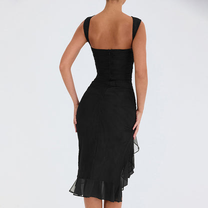 Midi Dress in Sleeveless Ruched Bodycon with Sheer Hem - black back view