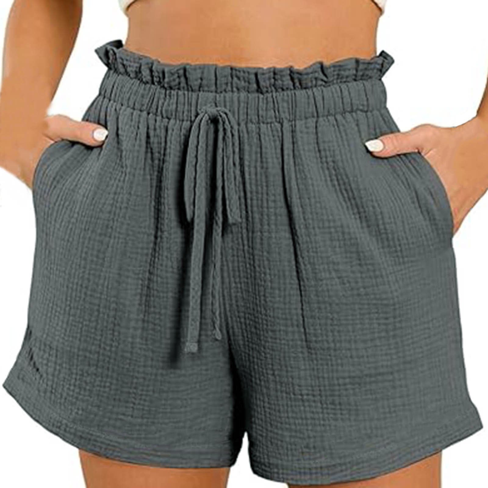 Shorts in Textured Cotton with Paperbag Waist - Gray close-up of textured cotton