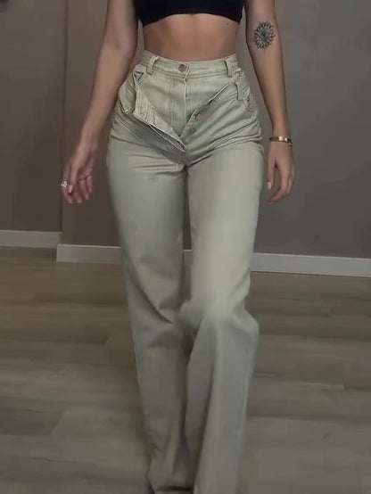 Wide-Leg Jeans in Sage with Double Waist - full-length front view
