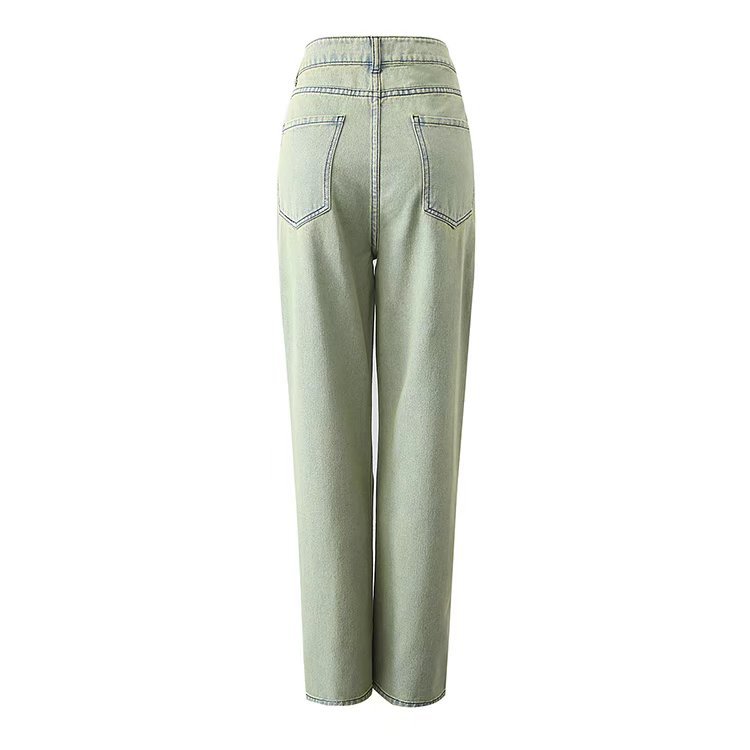 High-Waist Straight-Leg Jeans in Sage Green - sage green back view with elasticated waist