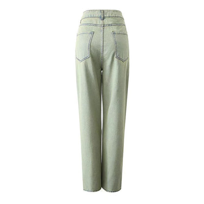 High-Waist Straight-Leg Jeans in Sage Green - sage green back view with elasticated waist