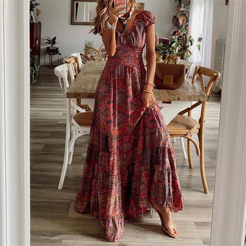 Maxi Dress in Floral Print with Tiered Skirt and V-Neck - Wine red full-length front view