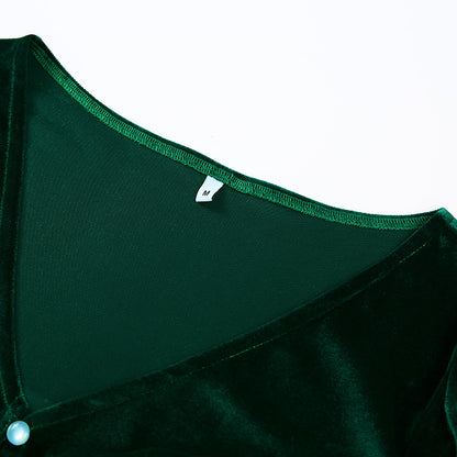 Crop Top in Emerald Green Velvet with Long Sleeves - neckline detail on flat lay