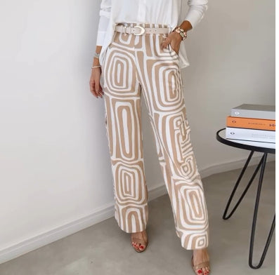 Wide-Leg Trousers & Relaxed Shirt Co-Ord Set in Geometric Print - khaki trouser leg detail