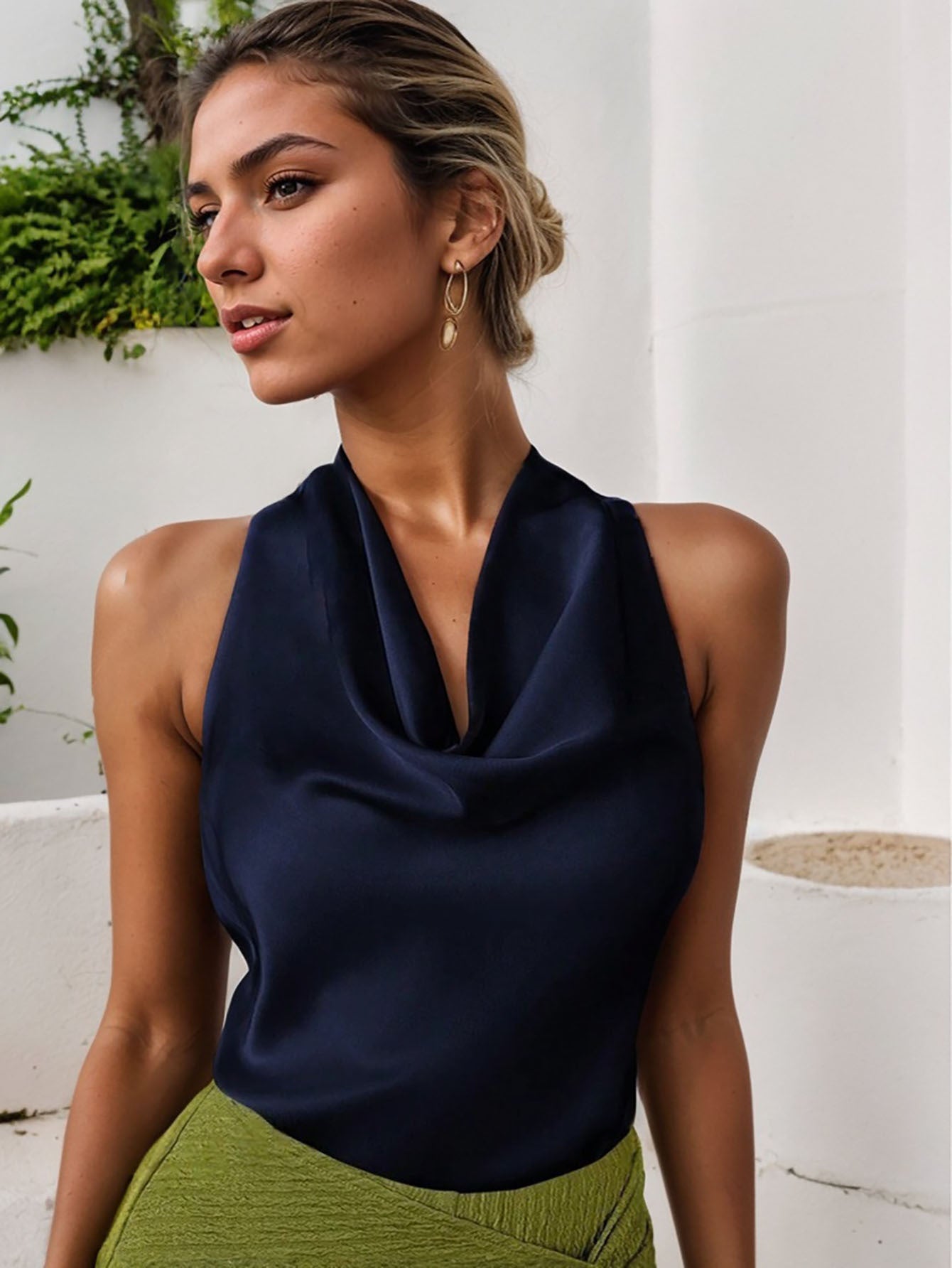 Halter Top in Satin with Cowl Neck - blue draped neckline close-up