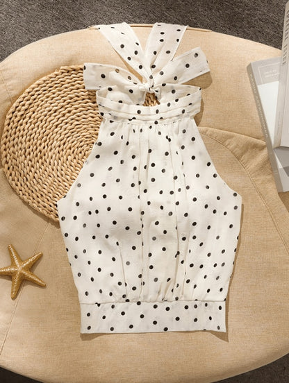 Blouse in Ivory Polka-Dot Chiffon with Halter Bow - ivory flat lay front detail