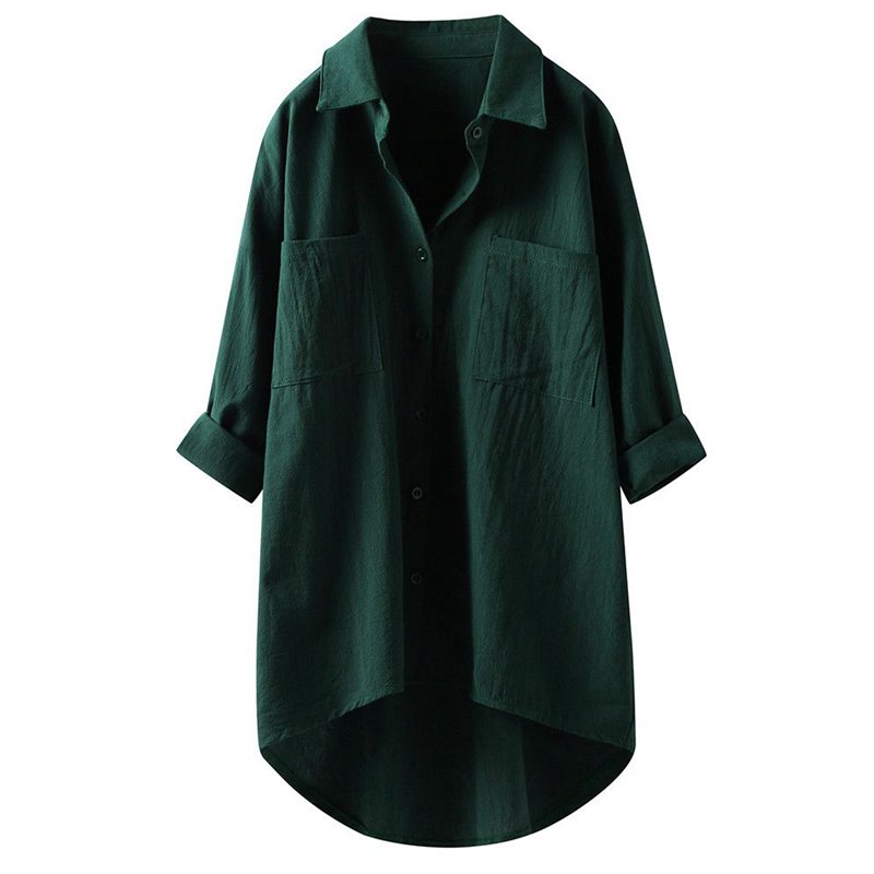 Longline Cotton-Linen Shirt with Curved Hem - deep green front studio view