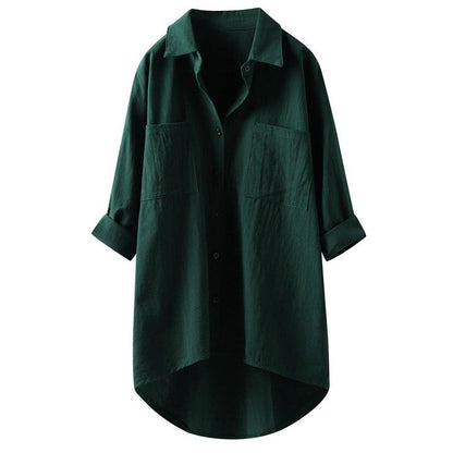 Longline Cotton-Linen Shirt with Curved Hem - deep green front studio view