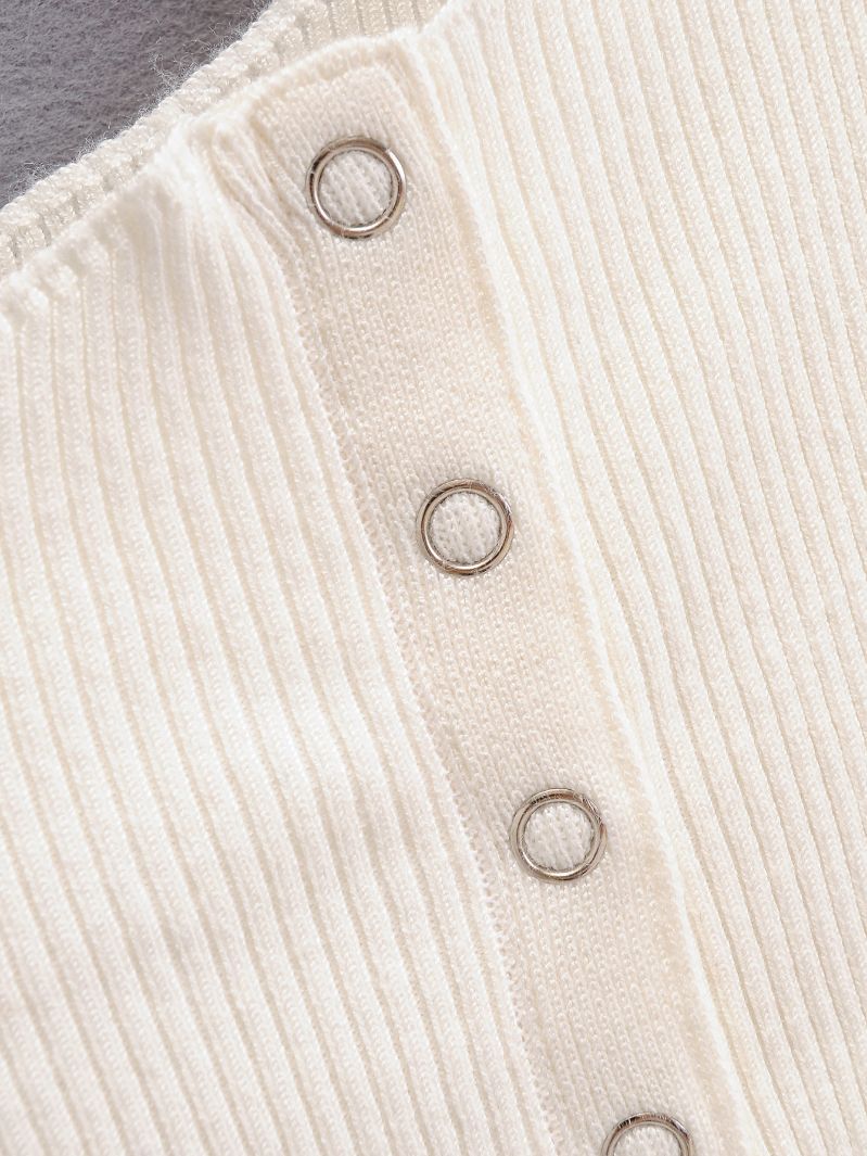 Knit Top with Boat Neck and Button Detail - white button detail close-up