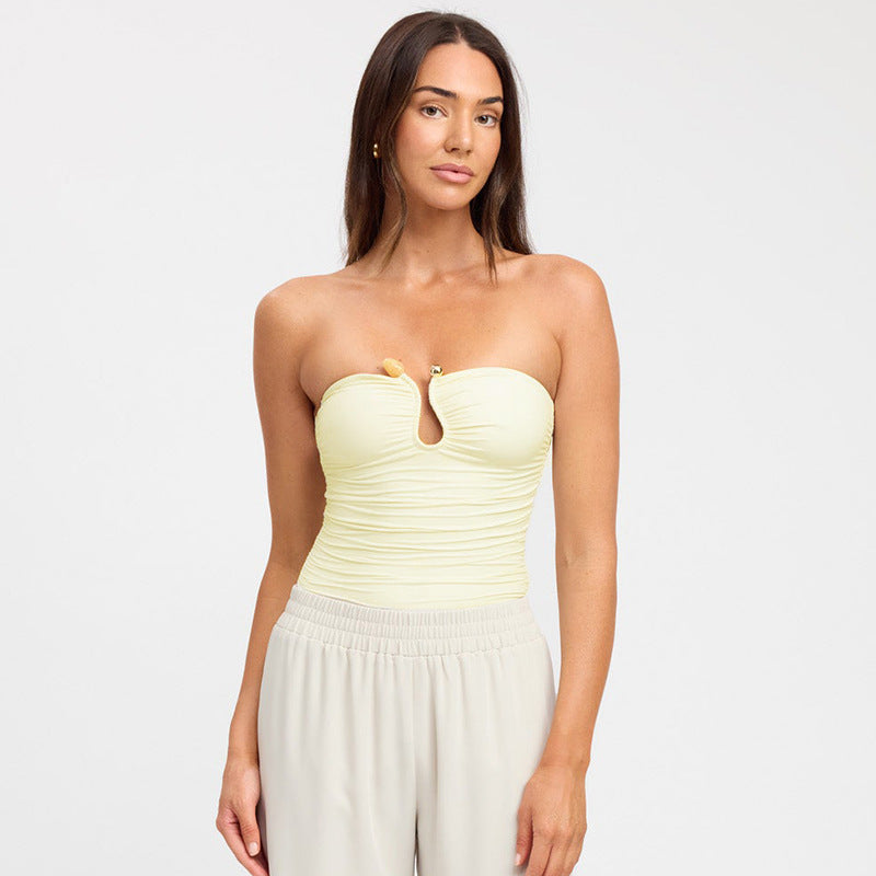 Bandeau Top with Agate Detail - yellow soft pose front