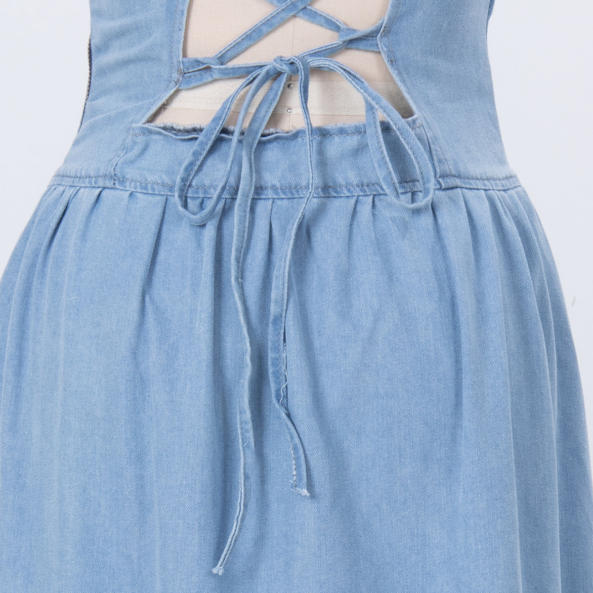 Maxi Dress in Denim Blue with Lace-Up Back - adjustable back tie close-up