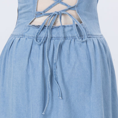 Maxi Dress in Denim Blue with Lace-Up Back - adjustable back tie close-up