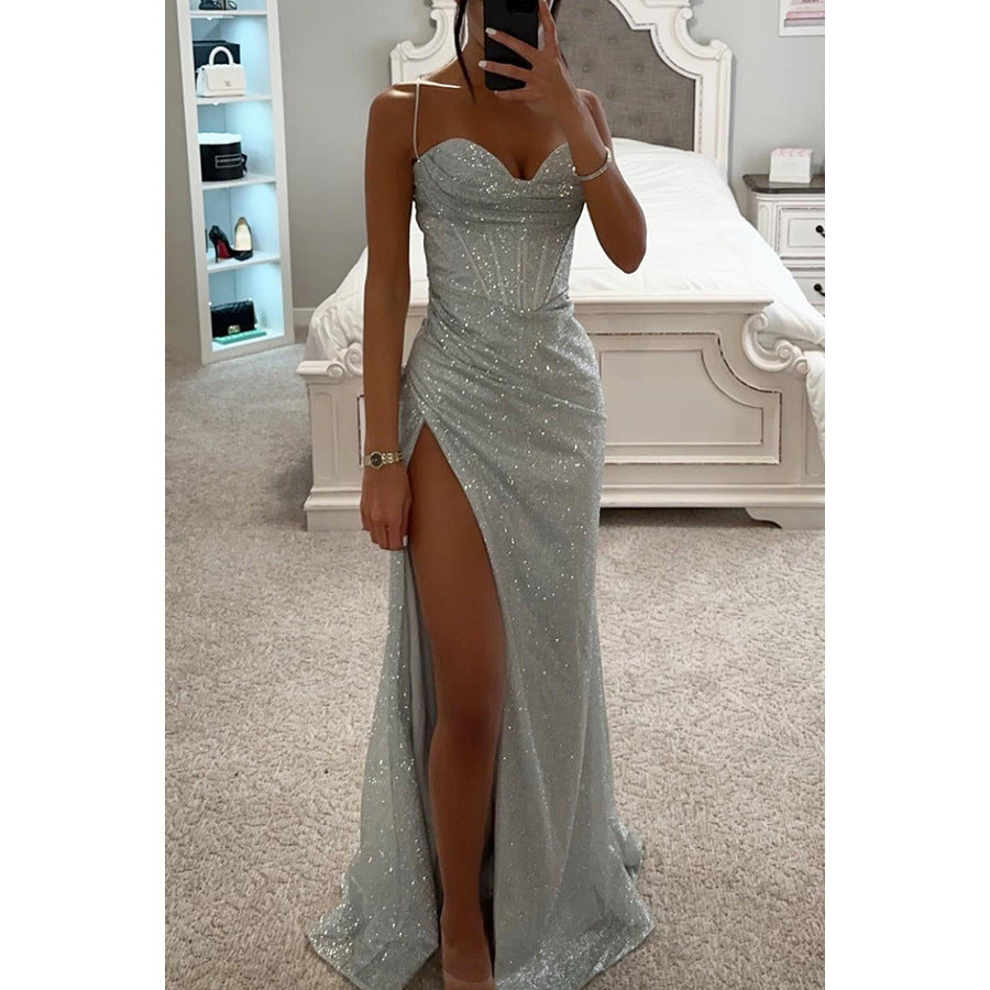 Maxi Dress in Glitter Mesh with Thigh Split - silver front view