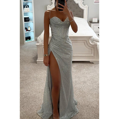 Maxi Dress in Glitter Mesh with Thigh Split - silver front view