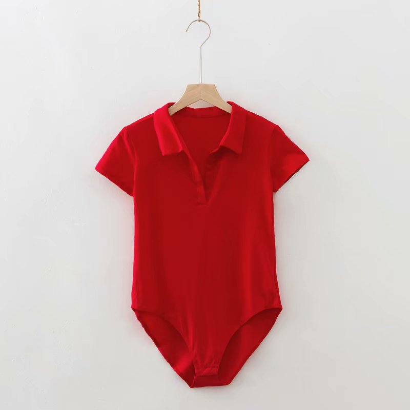 Bodysuit with Polo Collar in Black, Red or White - red front view