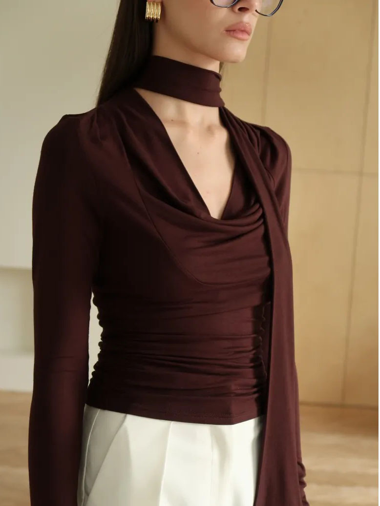 Long-Sleeve Top with Scarf Neck and Drape Front - brown close-up showing draped neckline