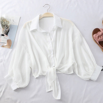 Cover-Up Shirt in Sheer Chiffon with Tie Front - white front view