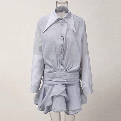 Shirt Dress with Draped Waist & Ruffle Hem - haze blue flat lay
