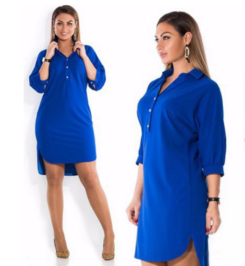 Shirt Dress with Dipped Hem in Plus Sizes - blue front and side views