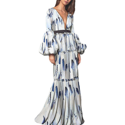 Maxi Dress in Blue Brushstroke Print - grey studio cutout