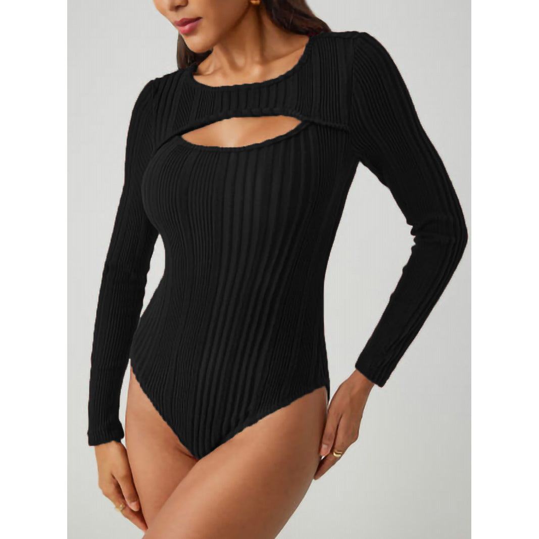 Bodysuit in Ribbed Knit with Keyhole Cut-Out - black angled front view